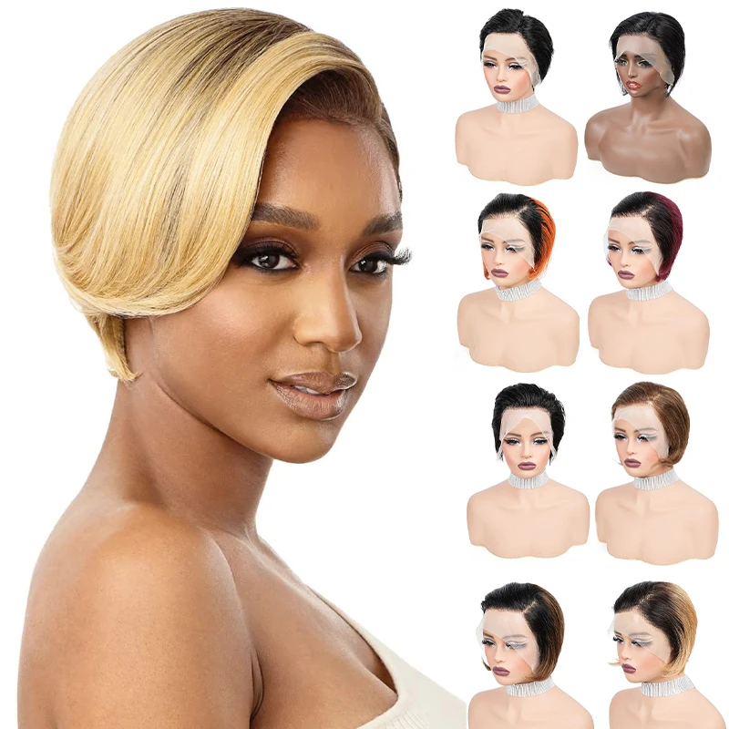 6 Inch 13x4 Lace Wig Quality 100% Human Hair Pixie Mixed Color Wigs for Black Women Pre Plucked Brazilian Lace Frontal Wig