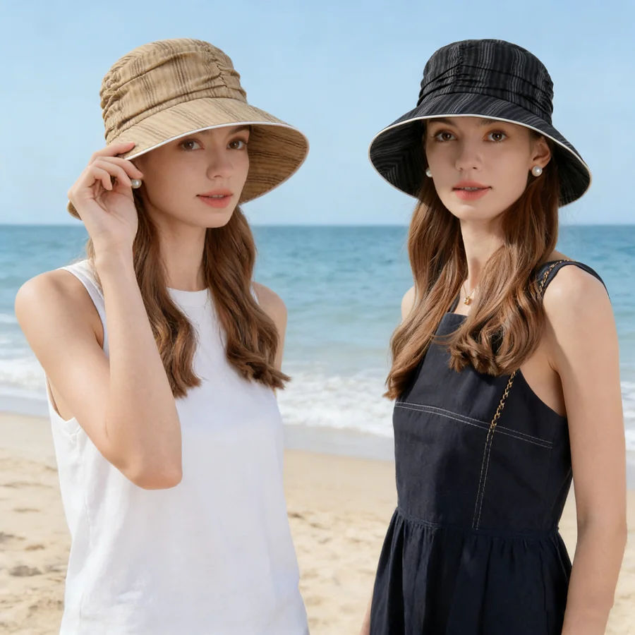 Japanese-Style Textured Pleated Fisherman's Hat with Large Brim for Face Protection and Sun Protection, Breathable and Not Stuffy, Suitable for Spring and Summer Outings, Shopping, Beach Vacations, Etc