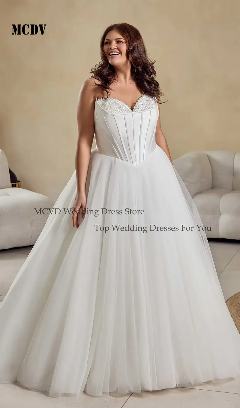 

MCDV Elegant Wedding Dresses Plus Size Woman Guest Beaded Sleeveless A-Line Bride Gowns Zipper Back robe de mariée Customized