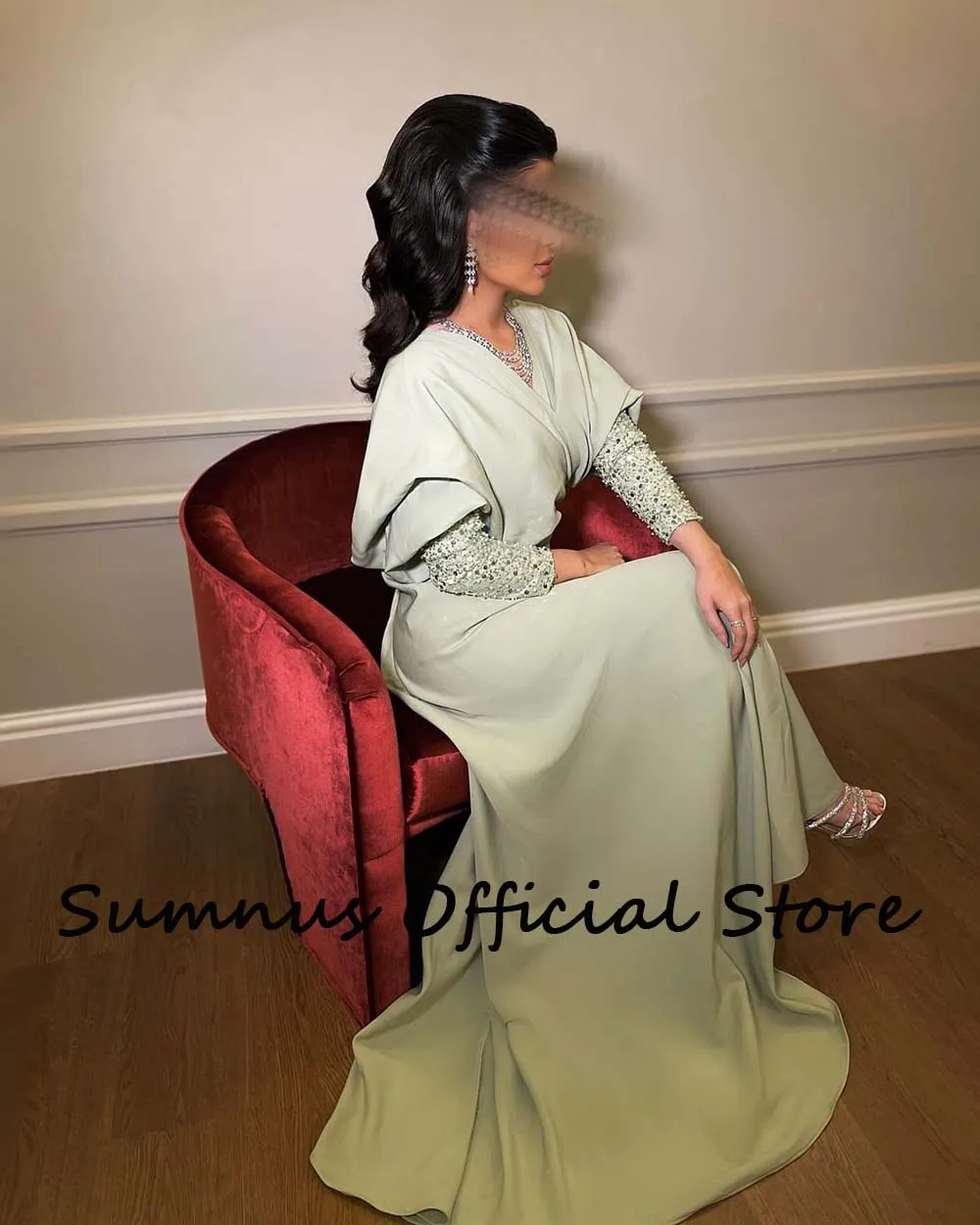 Sumnus Saudi Arabic Mermaid Evening Dresses Sequins Long Sleeve Pleats Satin Long Celebrate Event Dress Dubai Prom Party Gowns