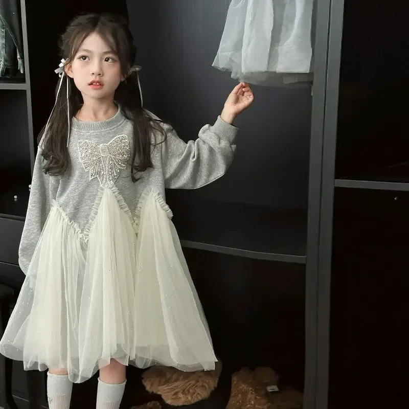 Girls Casual Dresses Bow Sequin Embellished Mesh Patchwork Hoodie Kids Clothes for Girls 2 To 8 Years Girl Dress