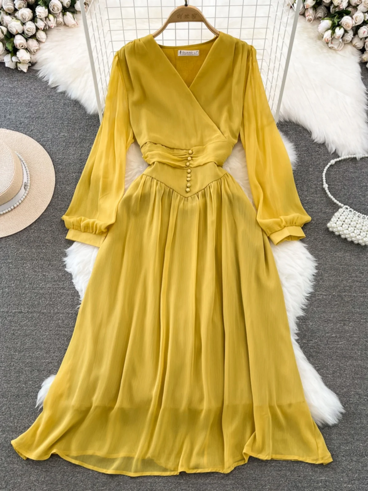 Primavera Autunno Pausa tè Gentle Wind Bubble Long Sve V Ne Vita stretta Slim a Line Chiffon Dr Pendolarismo Colore puro Midi...