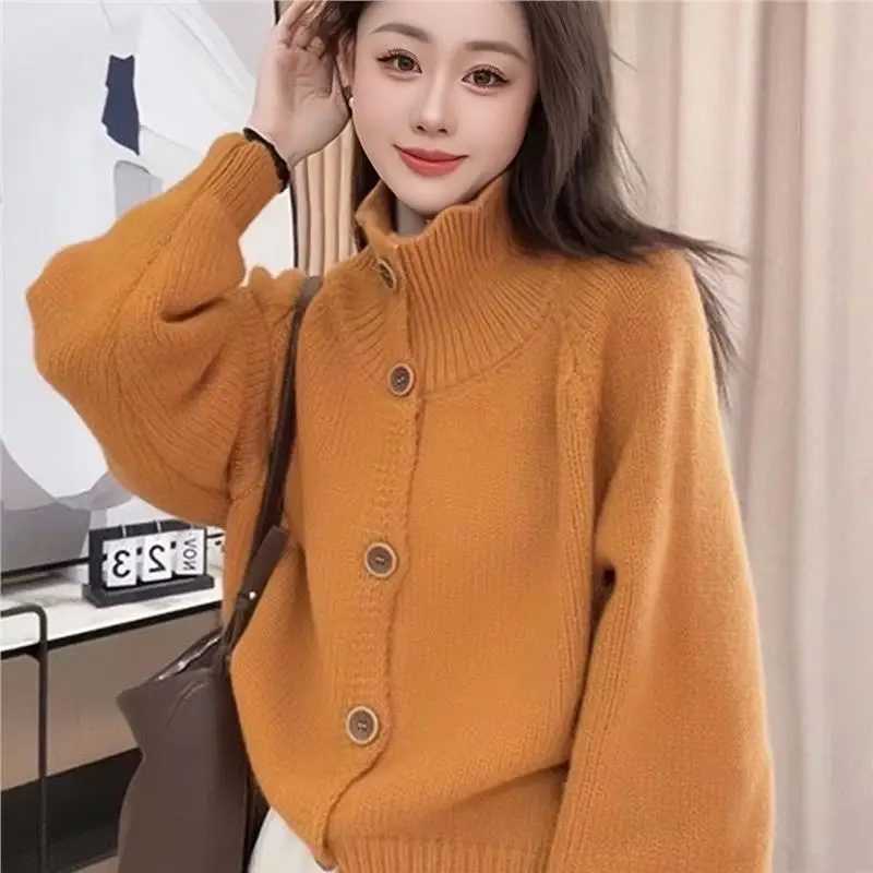

Faionable Knitted Open Cardigan Sweater High Collar Loose Fit Autumn Winter New Sle Slimming Top Versatile High End Women...