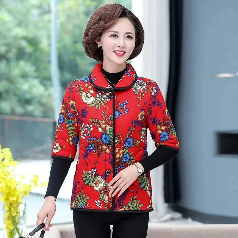 

New Autumn Winter Printing Mid-Aged Mothers Cotton Vests Jacket Women Half-Sleeve Plus Velvet Thick Warm Waistcoat Female Vest