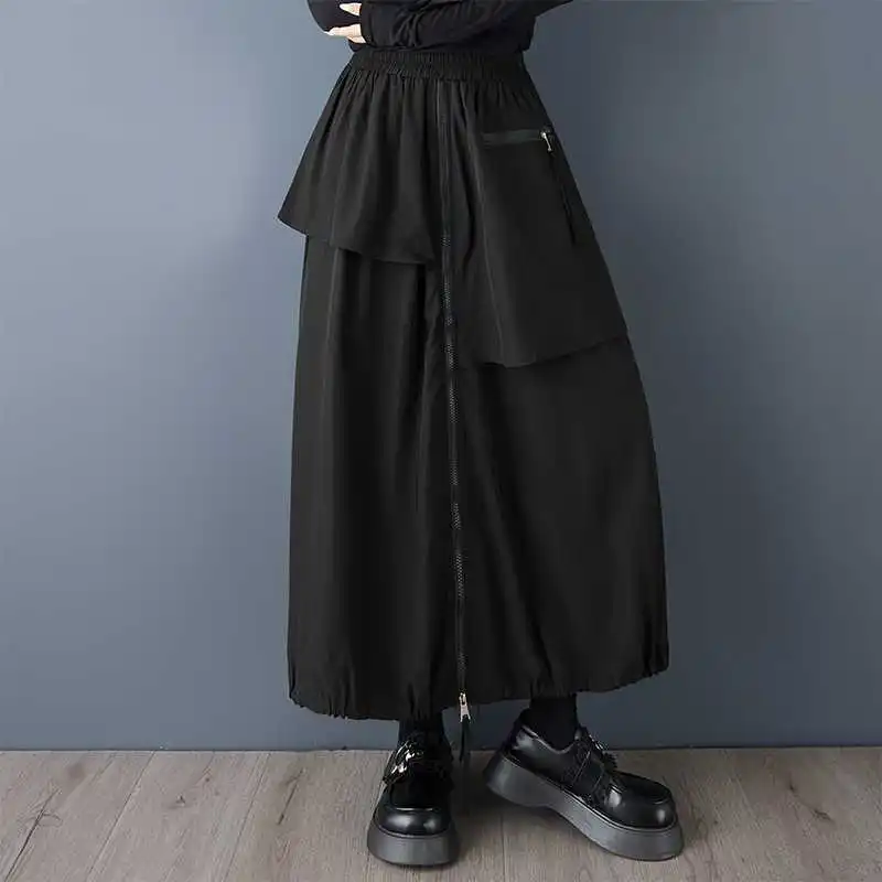 HKSH printemps automne nouvelle jupe femme taille élastique asymétrique grande poche cordon ourlet polyvalent foncé jupes décontractées HK16163