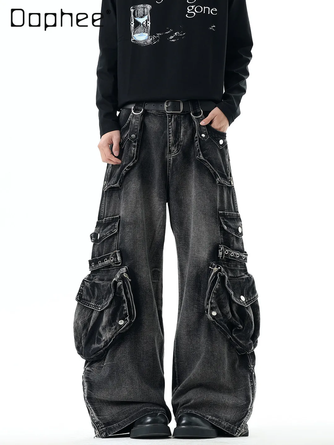 2026 Summer Men's Hip Hop Punk Multi Pocket Cargo Jeans High Street Heavy Wash Distressed Wide Leg Floor Drape Denim Cargo Pants