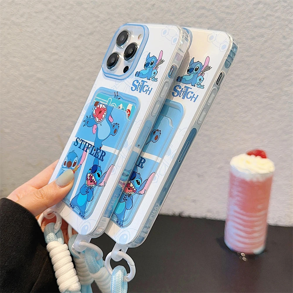 디즈니 럭셔리 릴로 스티치 카드 지갑 투명 소프트 케이스, 아이폰 11, 12, 13, 14, 15 프로 맥스 보호 3D 만화 러블리 랜야드 커버