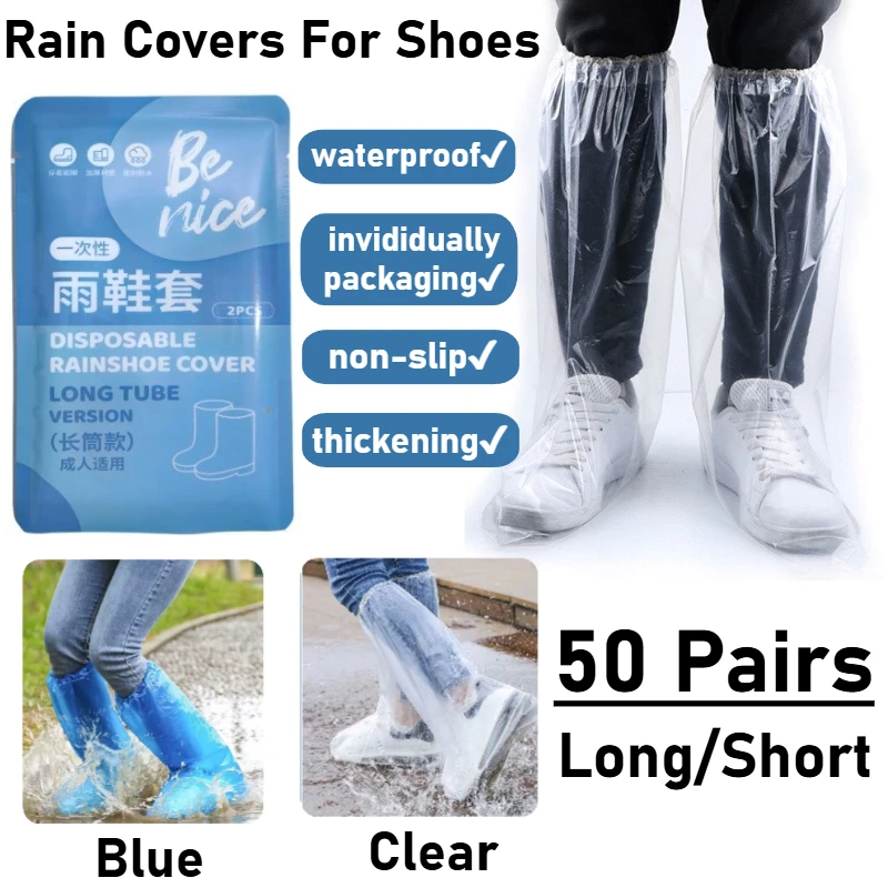 

50 Pairs Waterproof Shoe Covers for Rain Clear/Blue Disposable Plastic Non-Slip Indoor Outdoor for Adults Boot Protector