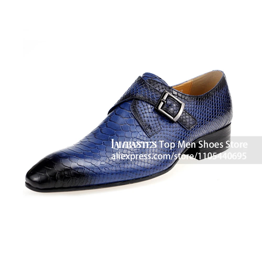 Blue Snake Embossed Monk Shoes Gradient Black Toe Pointed Toe Business Leather Shoes Snake Scale Print Monk Strap Formal Shoes