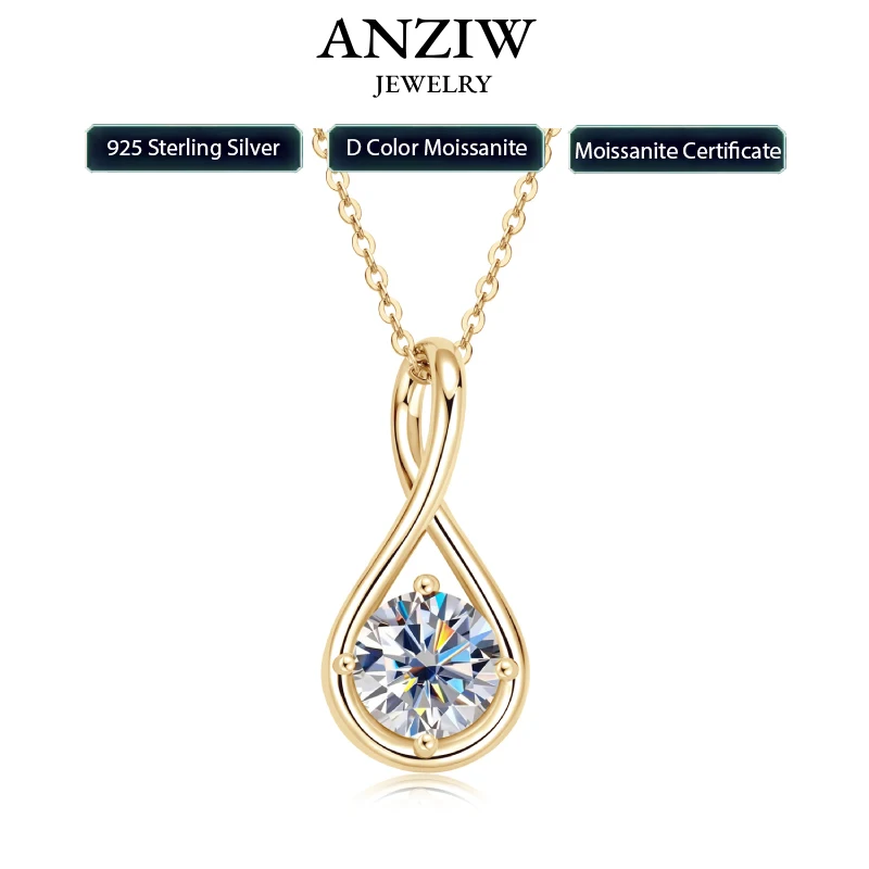

18K Gold Plated Solitaire Round 8mm 2ct Moissanite Infinity Pendant Necklace 925 Sterling Silver Women Teardrop D Color Diamond
