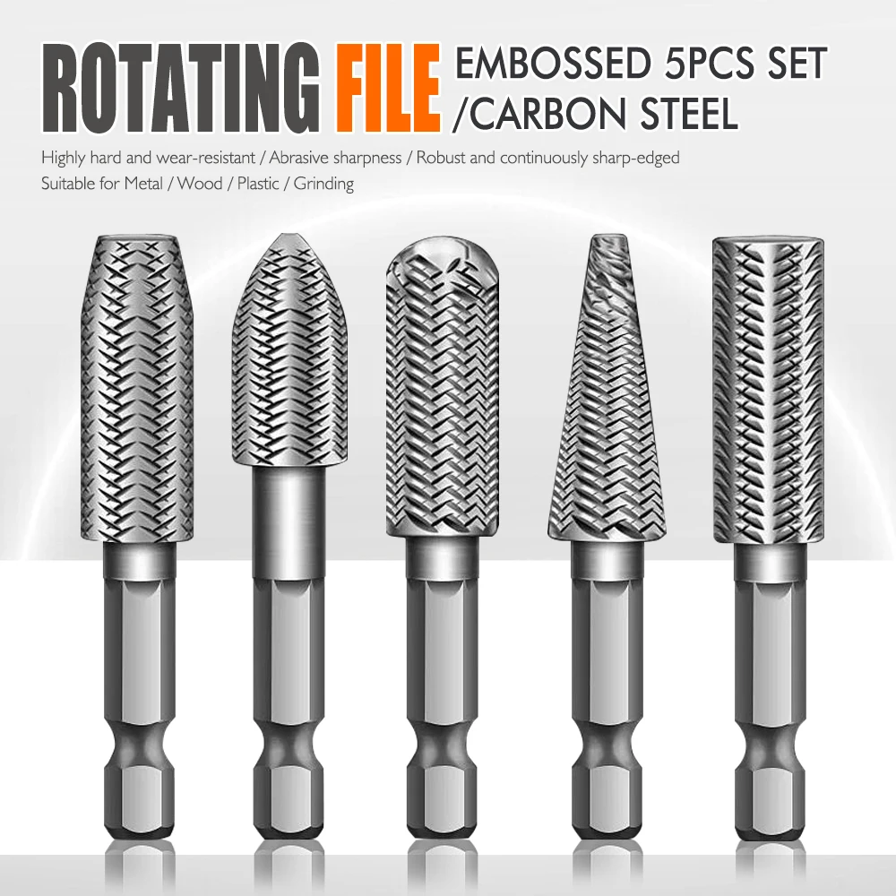 

Hex Shank Rotary Rasp File Set, 5Pcs Carbon Steel Rotating Burrs, for Woodworking, Metal Polishing & DIY Craft