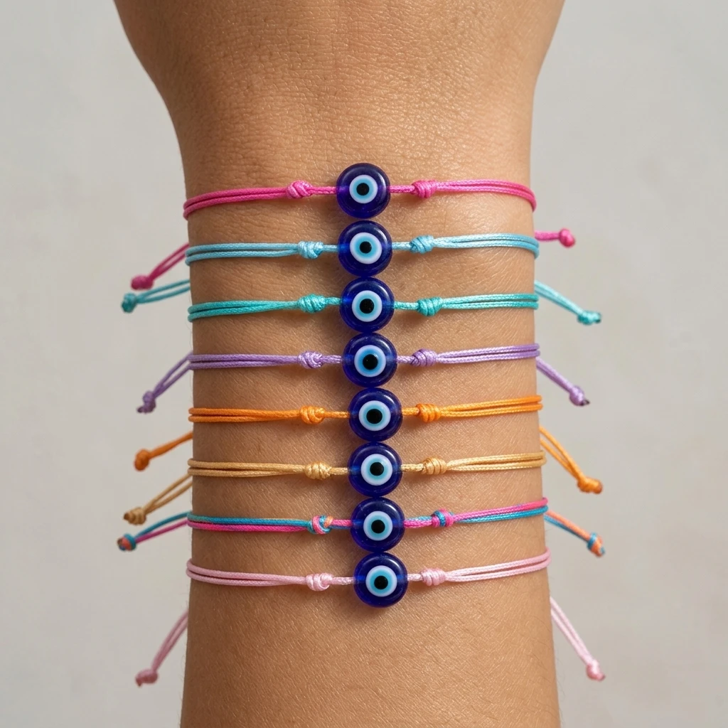 

Набор из 8 пластиковых браслетов в богемном стиле с регулируемой веревочной цепочкой и круглыми подвесками в виде глаза-оберега для женщин