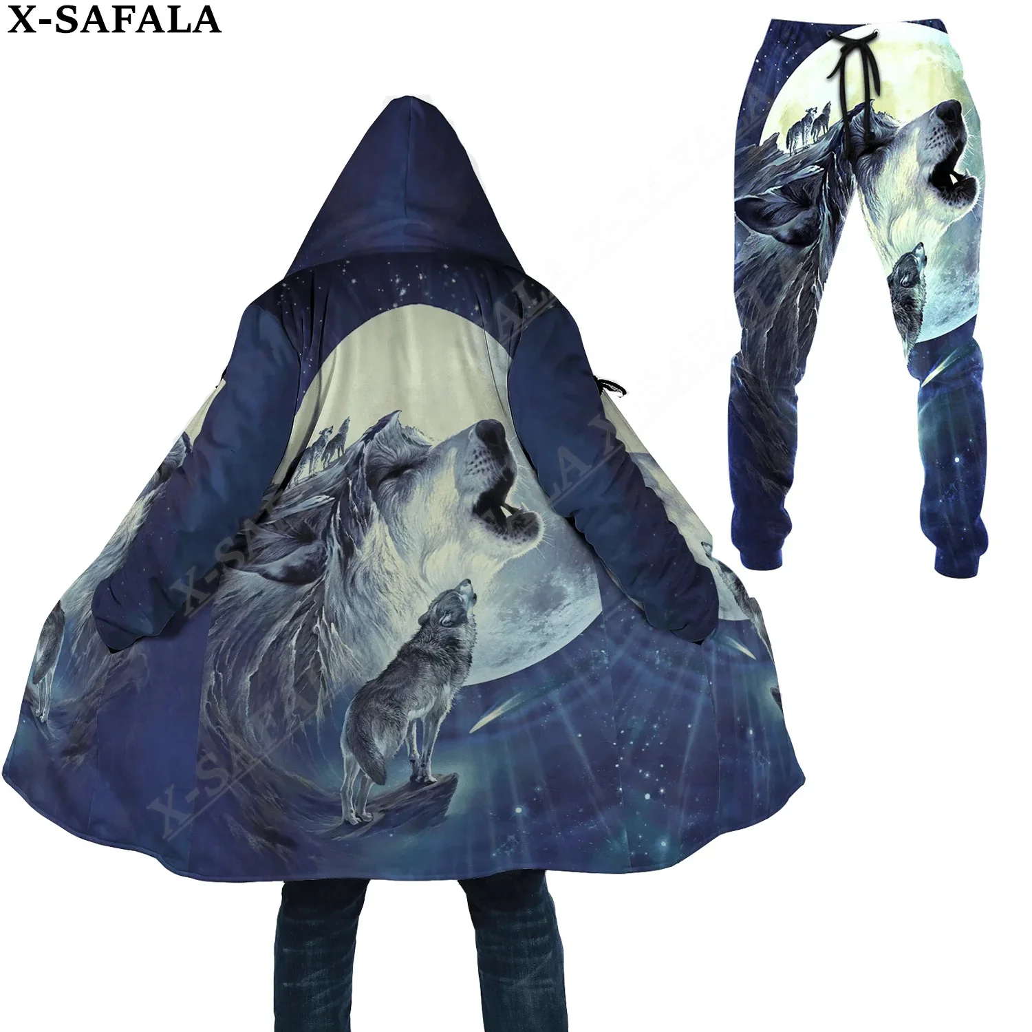 

Naive Feather Wolf Moon Thick Warm Hooded Cloak Sweatpants Combo Set Overcoat Coat Windproof Fleece Unisex Joggers Trousers-2