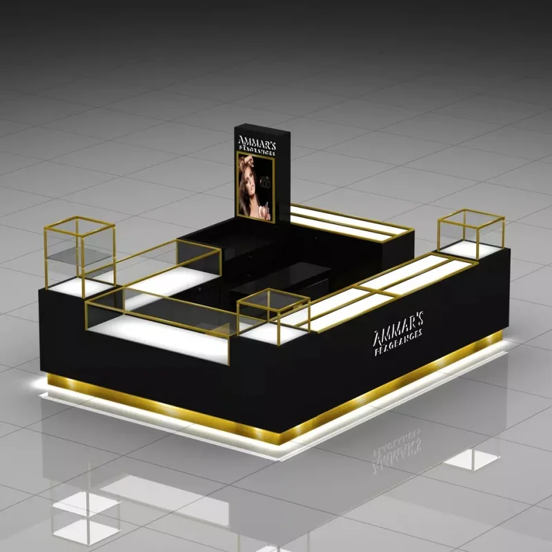 Quiosco de exhibición de Perfume personalizado de gama alta, mesa de mostrador de vidrio, venta de Perfume para centros comerciales, quiosco de diseño de sala de exposición