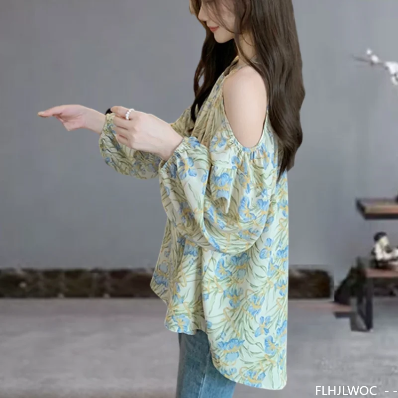 

Loose Off-Shoulder Chiffon Top Women FLHJLWOC Design Elegant Floral Print Cute Girls Sexy Green Tops Blouses