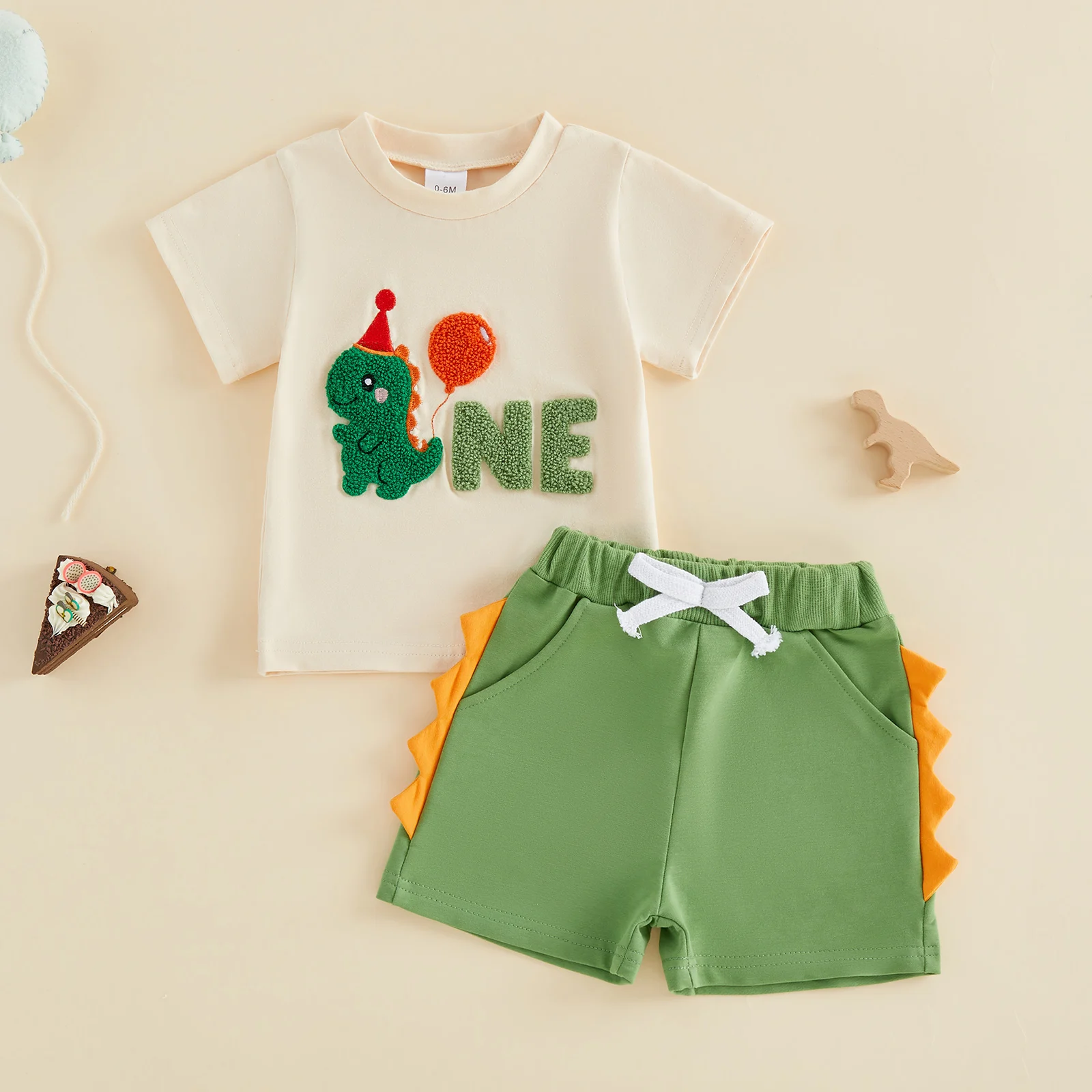 Infant Baby Boy 1st Birthday Outfits Letter Balloon Dinosaur Embroidery Crew Neck Short Sleeve T-Shirts Shorts 2Pcs Clothes Set