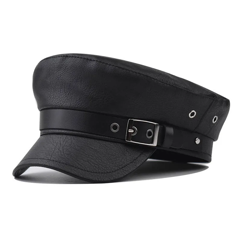 

PU Military With Large Buckle Beret Cotton Versatile Breathable Duckbill Octagonal For Women British Style Leather Hat