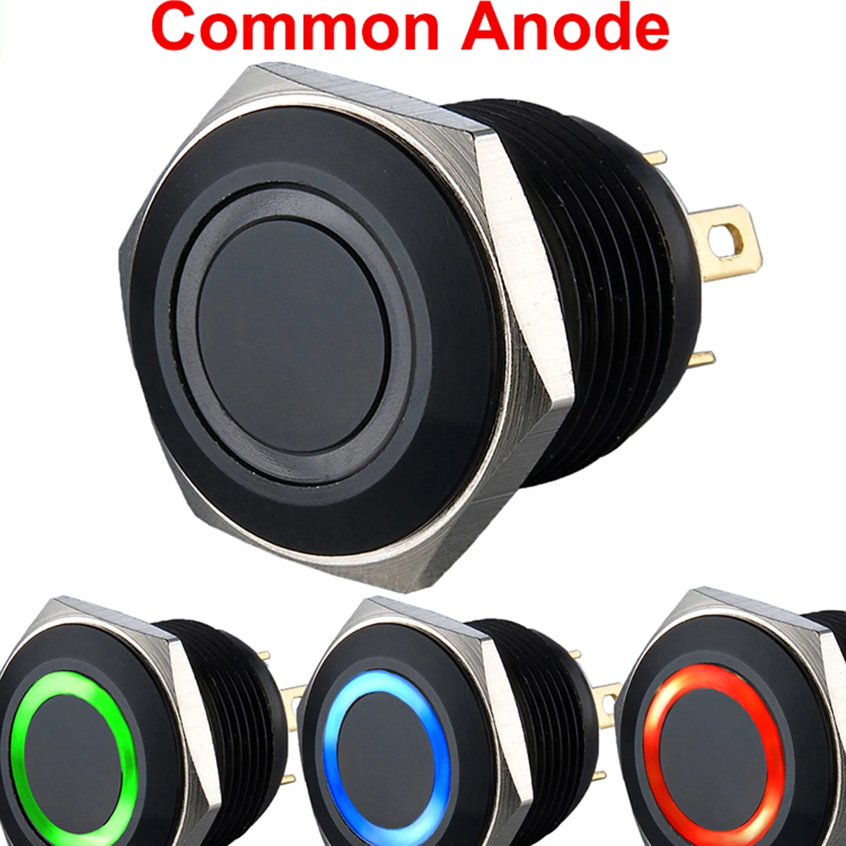 16mm 19mm Black 12V 24V 6V 3V RGB Ring Illuminated Push Button Switch (Common Cathode Common Anode ) Black Red Green Blue Switch