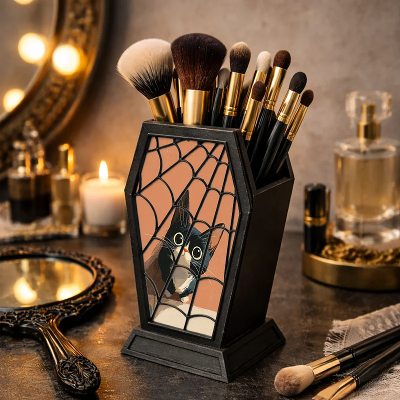 Gothic Coffin Shape Makeup Brush Holder Cute Black Cat Spider Web Pattern Cosmetic Organizer Vanity Desk Storage Box Goth Decor