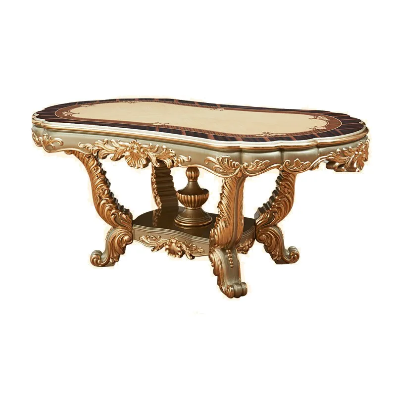 

European long dining table, American luxury full solid wood carving flower champagne computer parquet marble sticker gold