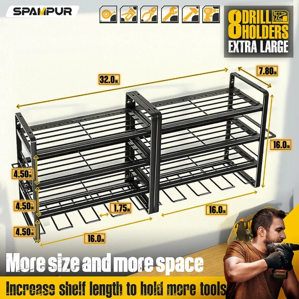 Power Tool Organizer, 15 Min Quick Assembly & Max 150lb load by Heavy Duty Metal, 8 Slots 4 shelves for Cordless Drill in Garage