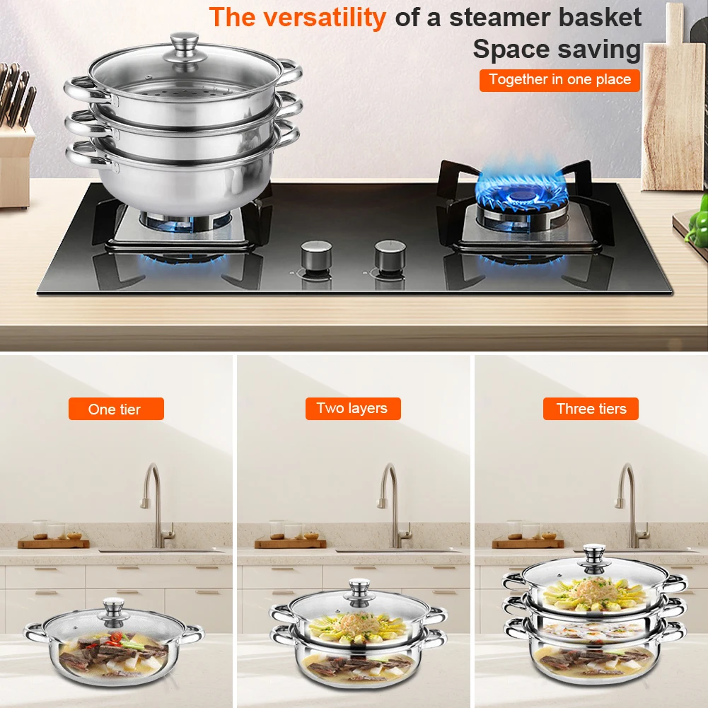 3段多機能蒸し器 蓋付き ステンレス製 調理用蒸し鍋 3段式食品蒸し器 野菜・餃子・スープ用