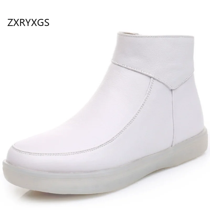 

ZXRYXGS 2026 New Spring Winter Top Cowhide Real Leather Boots White Shoes Flat Soft Sole Comfortable Warm Snow Boots Women Boots
