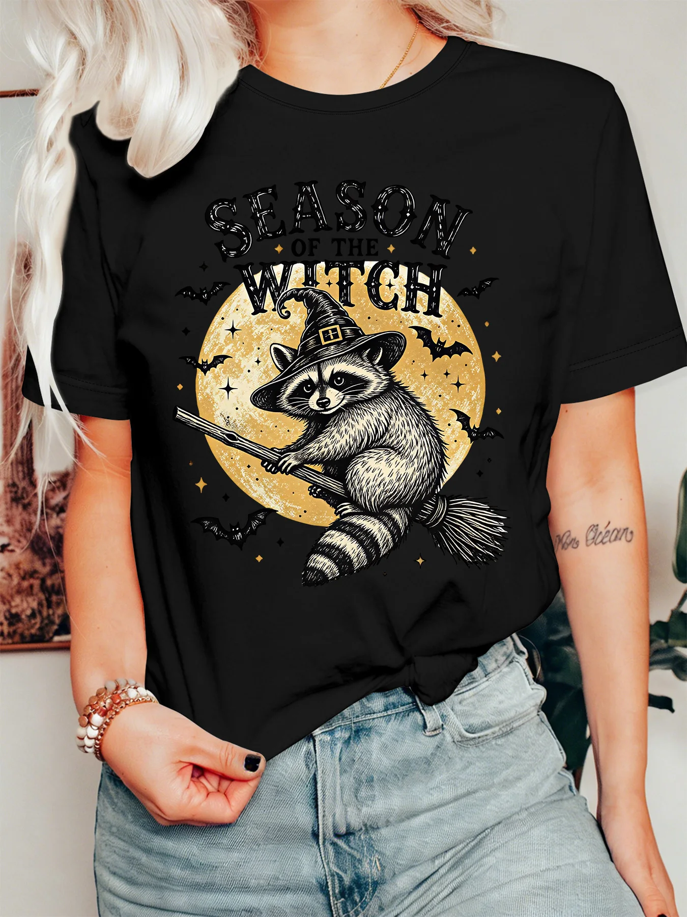 Women Crew Neck Tee Halloween Witch Raccoon Moon Bat Graphic Print Short Sleeve Loose Ladies Cotton Plus Size Casual Top