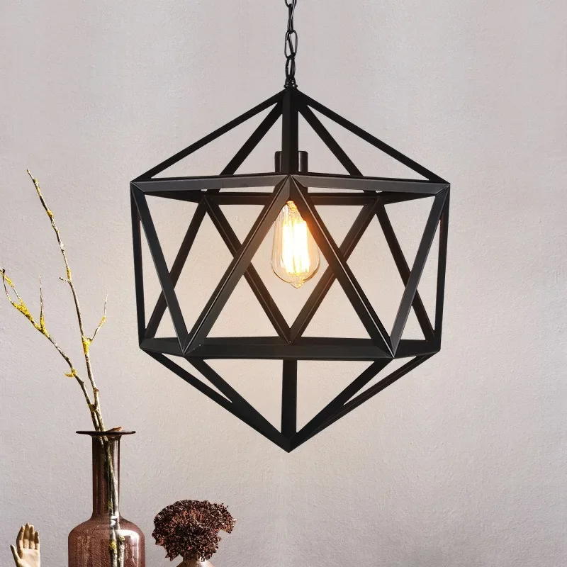 

Retro Industrial Style Restaurant Bar Counter Creative Prismatic Hexahedron Wrought Iron Chandelier