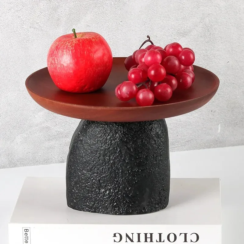 Creative art imitation volcanic stone fruit plate ornament high-end model room living room coffee table solid wood storage