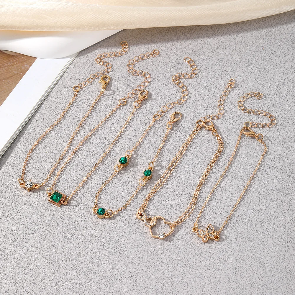 New Luxurious Geometry Square Green Crystal Bracelets Women Fashion Exquisite Butterfly Love Heart Metal Bracelets Set Jewelry