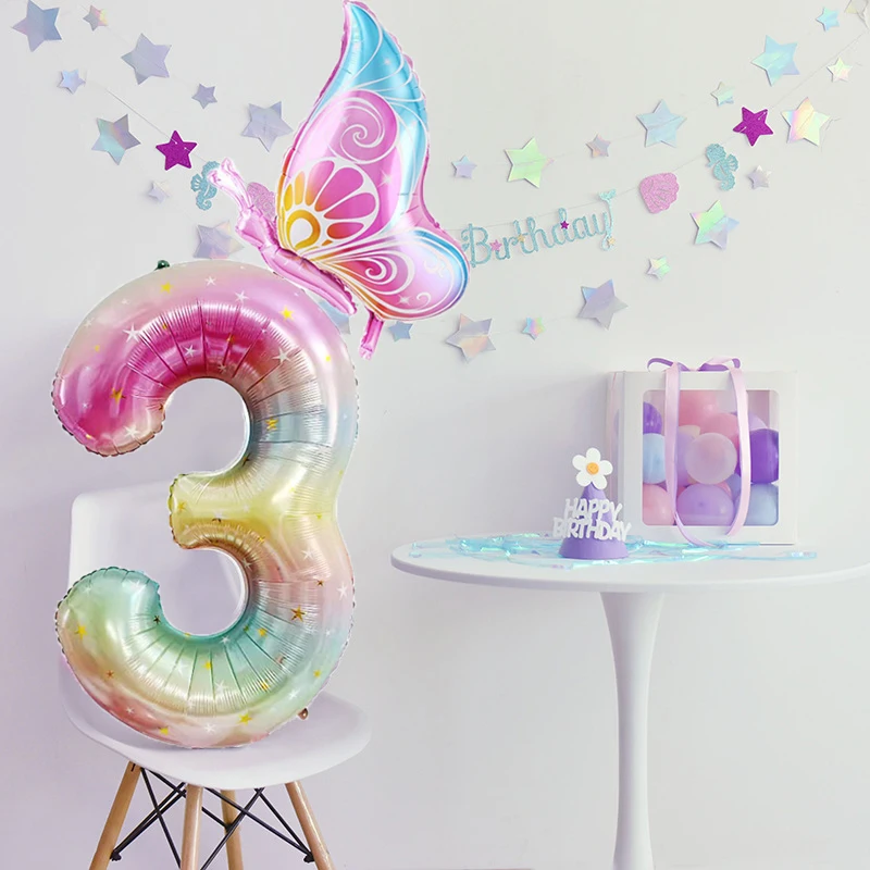 

40inch Gradient Colorful Big Number 1-9 Foil Balloon Pink Butterfly Balloons for Girls Fairy Birthday Party Decoration Supplies