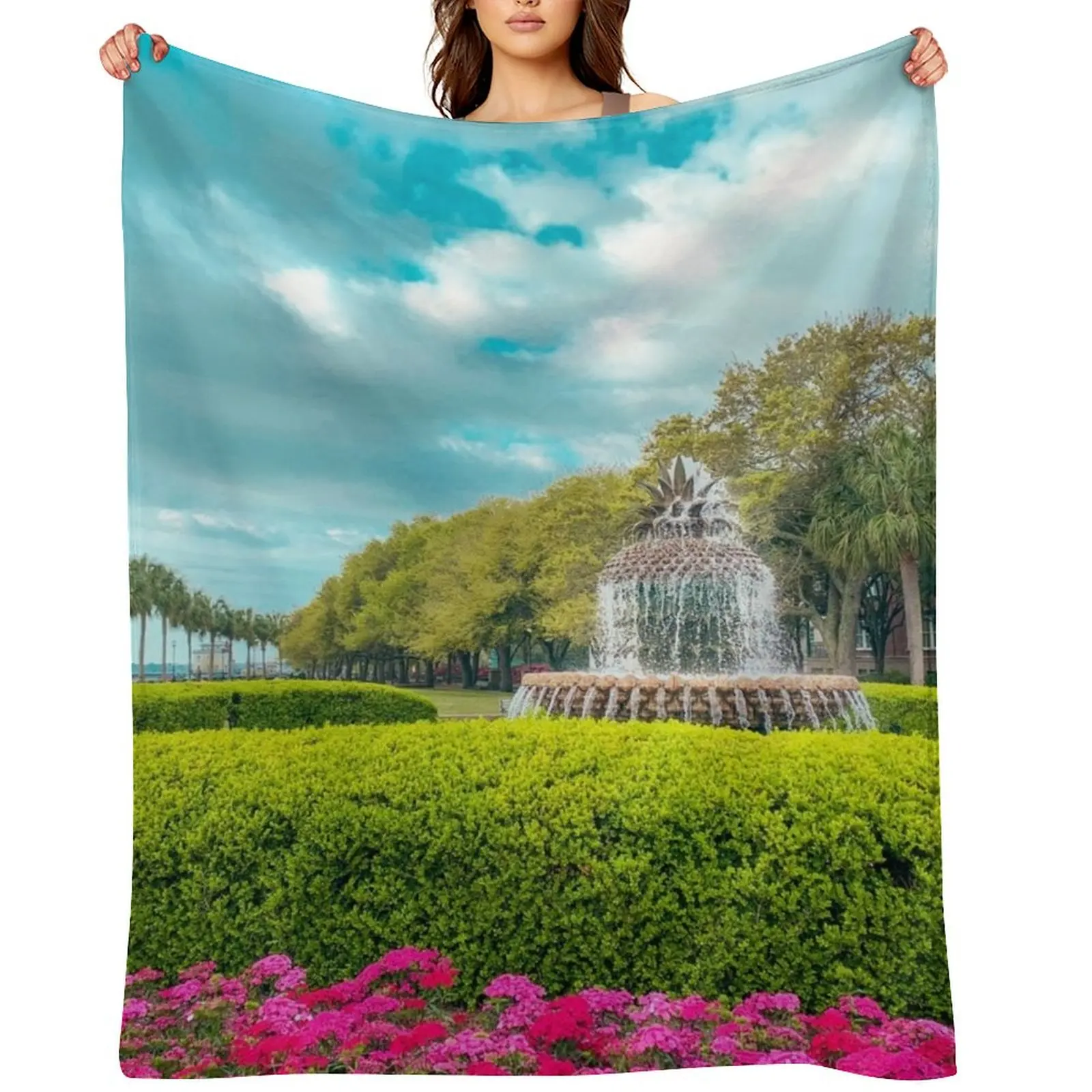 

Waterfront Park and Pineapple Fountain, Charleston Throw Blanket For Decorative Sofa Beach warm winter Travel Blankets
