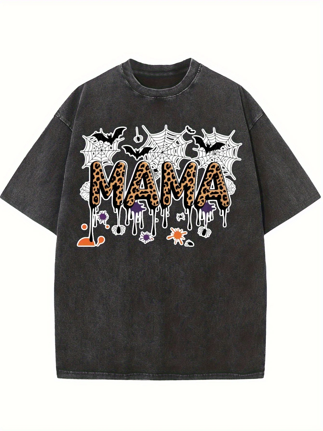 Vintage Washed Pure Cotton T-Shirt - Loose Fit Round Neck Short Sleeve with Mama Leopard Print and Halloween Motifs (Bats, Pumpkins, Spider Webs) - Breathable Casual Top, Perfect for Summer Parties, Everyday Wear, and as a Great Gift Choice - Machine Washable, Local Delivery