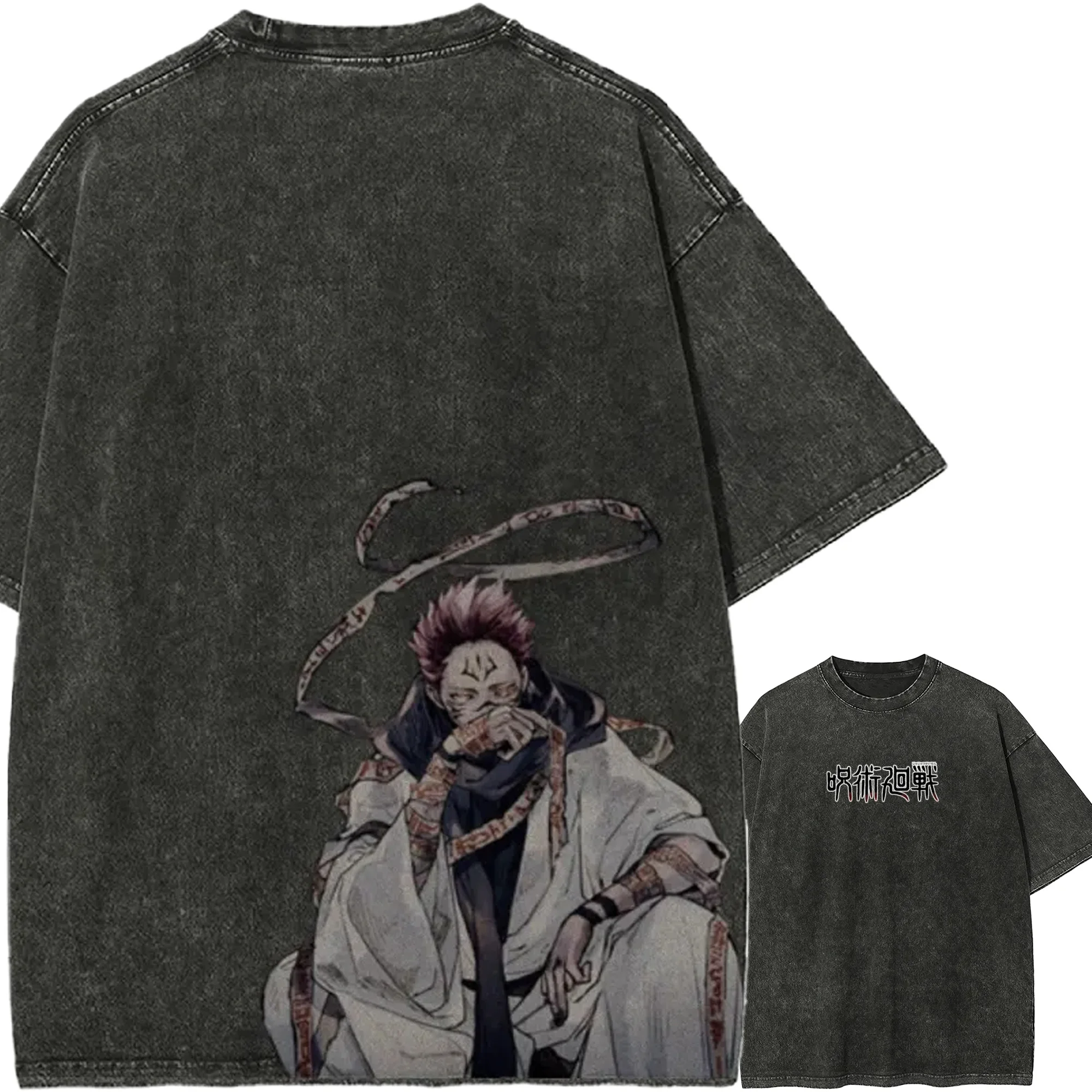 

Футболка-кимоно Sukuna Jujutsu Kaisen, винтажная, с эффектом потертости, оверсайз, в стиле ретро, аниме, Harajuku, уличная одежда, с графическим принтом манги, мужская одежда