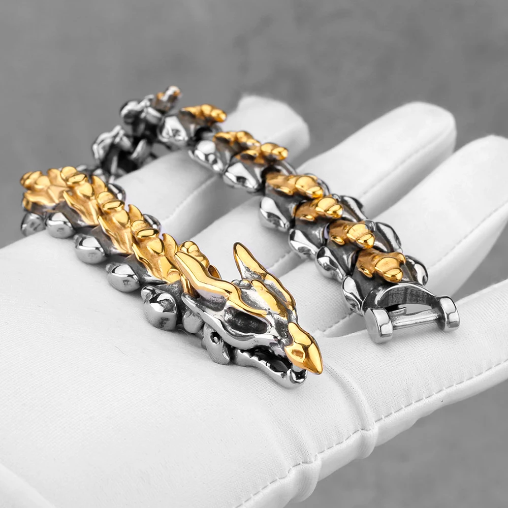 Men's Stainless Steel Dragon Link Bracelet Retro Punk Dragon Head Chain Bracelet Hip Hop Biker Jewelry Gift for Him