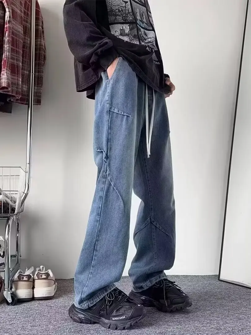American Retro Men's Denim Pants Autumn Winter Folded Design Wide Leg Street Style Spring Summer Casual Long Trousers