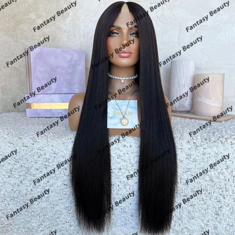 

Top Remy Human Hair Silky Straight 1x4 Middle V Part Wigs for Black Women Glueless Long 30Inches Natural U Part Wigs with Clips