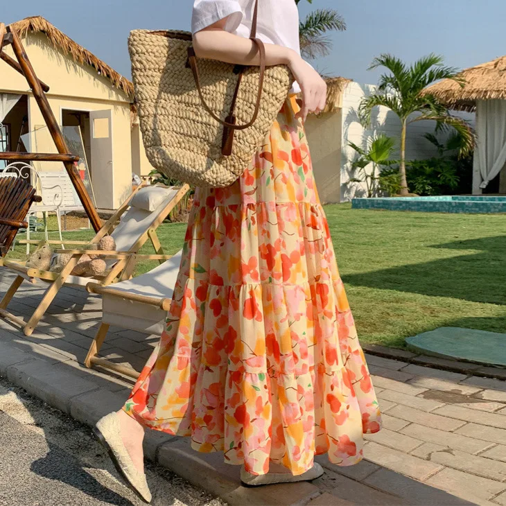 New Spring Bohemian Orange Floral Chiffon Midi Skirt Women Elastic High Waist Tiered Cake Skirt Cottagecore Fashion A-line Skirt