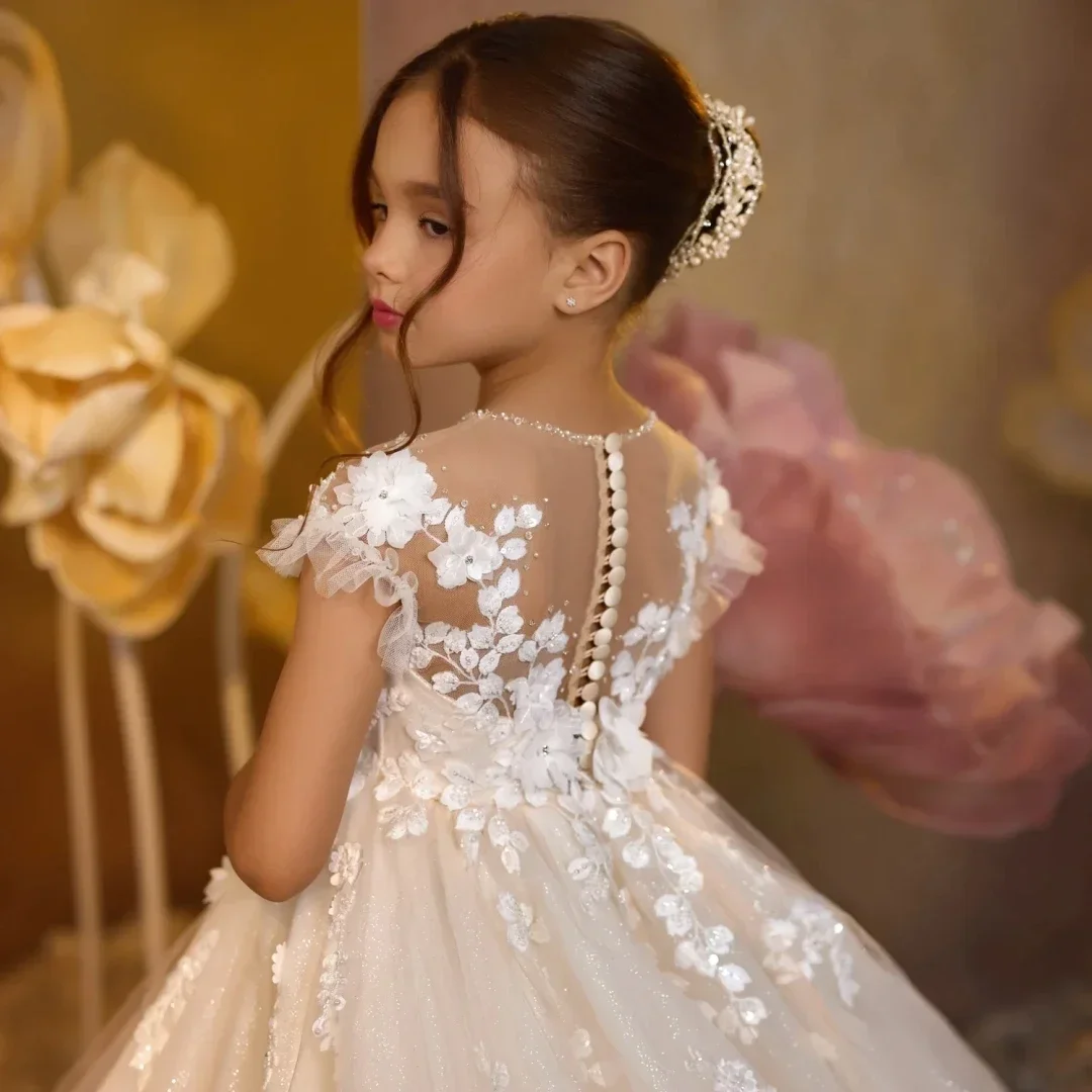 Customized Flower Girl Dresses White Tulle Appliques With Trailing Short Sleeve For Wedding Birthday Party Banquet Princess Gown