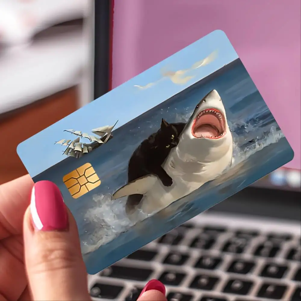 Black Cat Vs Shark Battle Credit Card Sticker Bubble Free High Quality PVC Decal For EBT Transit Debit Small Chip Cards