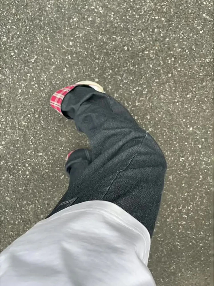 

Loose Wide Leg Plaid Jeans Men's Summer Sle Cuffed American High Street Vibe Wearable for Teenagers Cotton Polyester B...