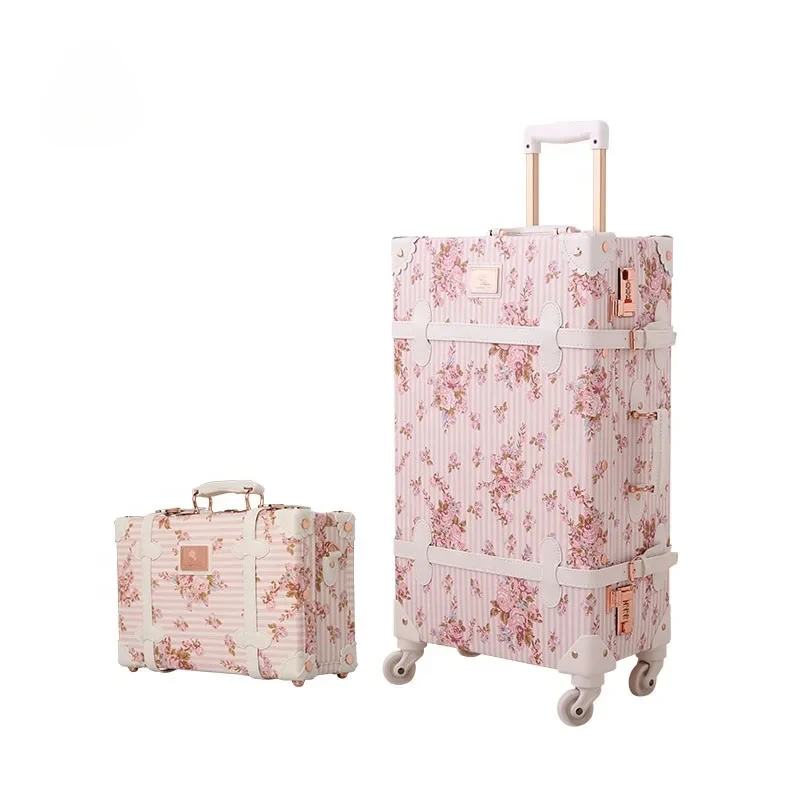 

Vintage Floral Printing Design Cute Carry-On Spinner Wheels Soft Shell Make Up Trolley Case Classic Luggage