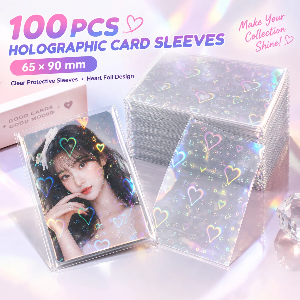 100Pcs Heart Laser Flashing Card Sleeves Protector Clear Protector Cards Photocard Protector Film 65*90MM