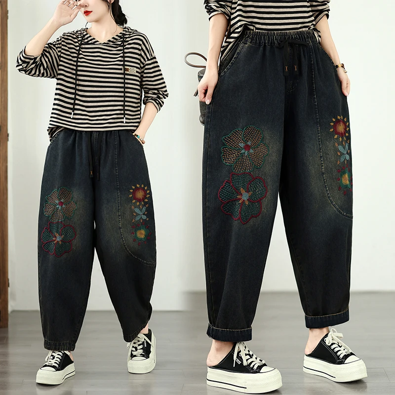New Large Size Loose Casual Fashion Artistic Harajuku Dad Jeans Long Pants Embroidered High Waist Nine Points Cotton Polyester