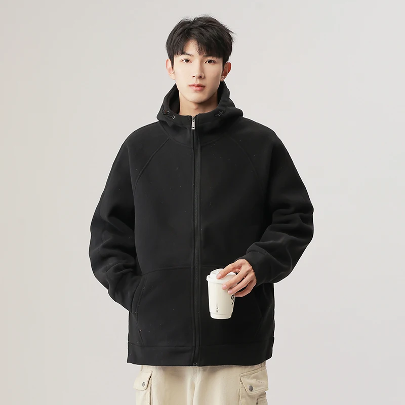 New Men'S Autumn Winter Casual Versatile Thick Polar Fleece Warm Coat Fashion Trendy Youth Hooded Outdoor Sports Fleece Jacket