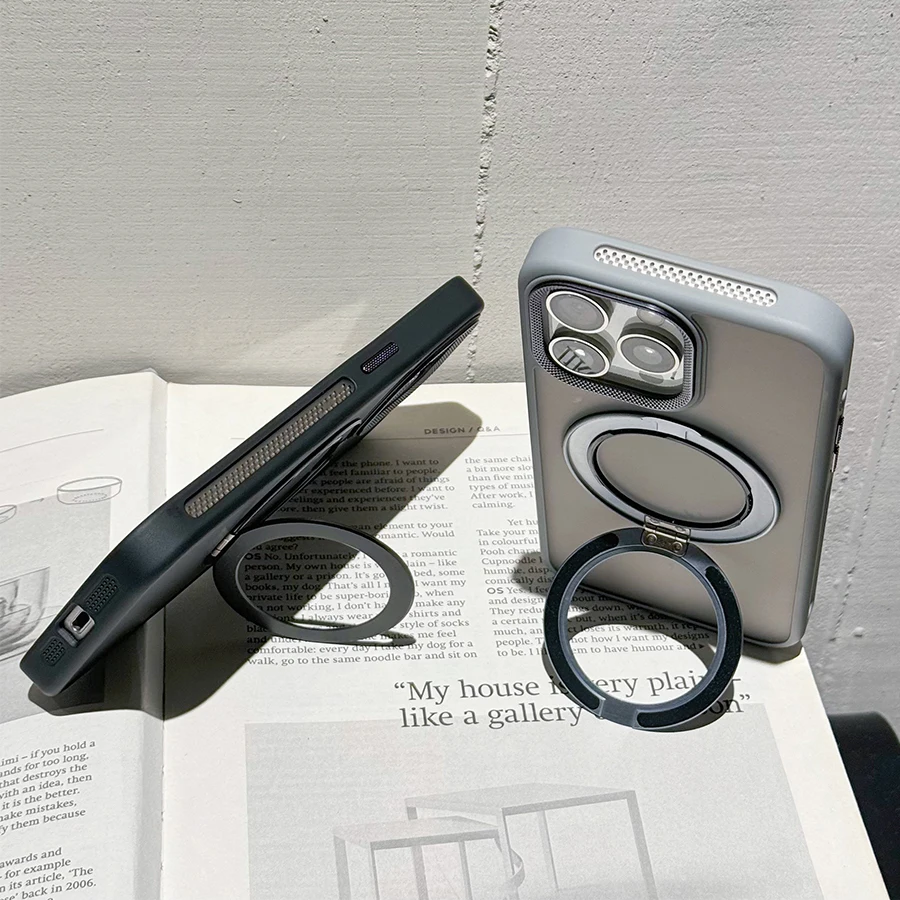 360° Rotate metal bracket magsafe charging phone case for iPhone 16 15 14 13 12 11 Pro Max Titanium gray magnetic hard cover