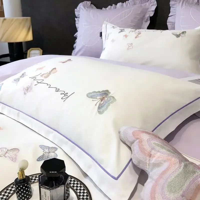 Light luxury embroidered Butterfly King Queen Size Bedding Set 4 pcs Duvet/ Comforter Cover Bed Sheet fittedsheet Set pillowcas