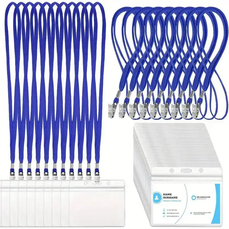 Clip de badge étanche, avec 10 jeux de lanière bleue, clip d'identification en plastique transparent pour badges horizontaux, lanière d'étiquette de nom en vrac,