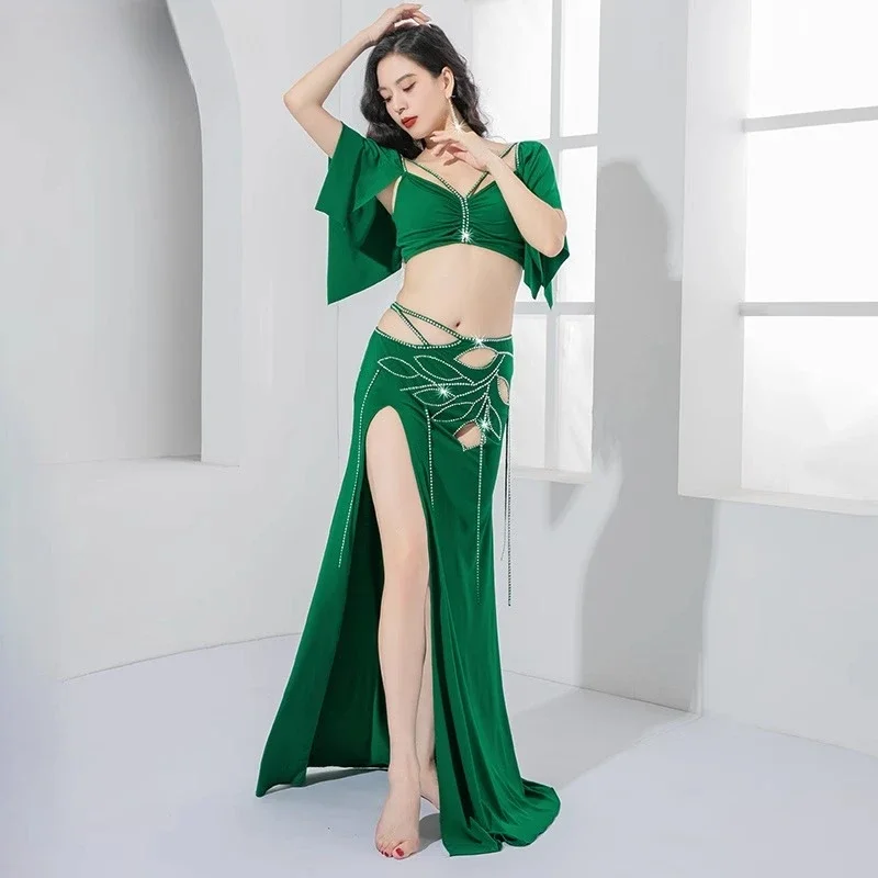 Costume di danza del ventre personalizzato con fessura singola, stampa a caldo, modello di diamante, pratica di danza orientale, vestiti per spettacoli, prezzo economico
